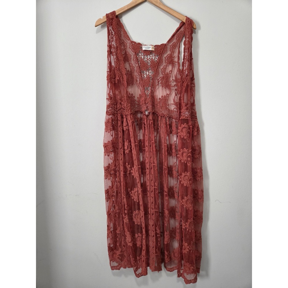 Style‎ Apparel Rust Orange Floral Lace Duster Vest Boho Sheer Longline Medium